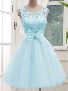 Aqua Blue A-line Scoop Sleeveless Tulle Knee Length Lace Up Lace Court Dresses for Sweet 16