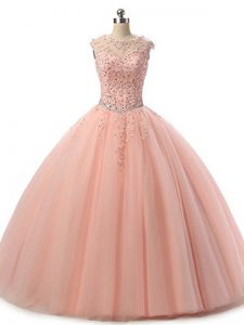 Top Selling Scoop Sleeveless Lace Up Ball Gown Prom Dress Peach Tulle