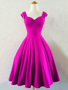 Discount Knee Length Lace Up Quinceanera Court of Honor Dress Fuchsia for Prom and Wedding Party with Ruching