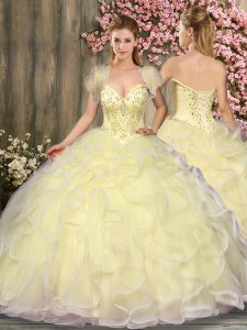 Romantic Floor Length Lace Up Quince Ball Gowns Light Yellow for Military Ball and Sweet 16 and Quinceanera with Beading and Ruffles