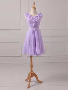 Dynamic Lavender Chiffon Lace Up Dama Dress Sleeveless Mini Length Lace and Appliques