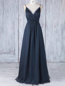 Decent Floor Length Navy Blue Court Dresses for Sweet 16 Spaghetti Straps Sleeveless Backless