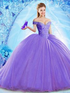 Beautiful Beading Sweet 16 Dress Lavender Lace Up Sleeveless Brush Train