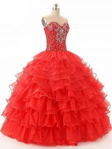 Red Lace Up Sweet 16 Quinceanera Dress Beading and Ruffled Layers Sleeveless Floor Length