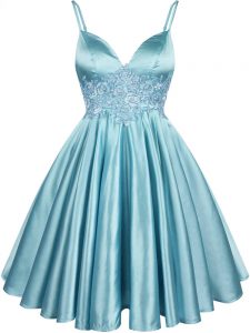 Elastic Woven Satin Spaghetti Straps Sleeveless Lace Up Lace Court Dresses for Sweet 16 in Aqua Blue