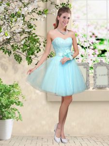 Classical Aqua Blue Sleeveless Knee Length Lace and Belt Lace Up Dama Dress for Quinceanera