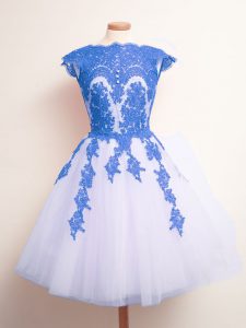 Artistic Blue And White Sleeveless Tulle Lace Up Dama Dress for Prom and Party and Wedding Party