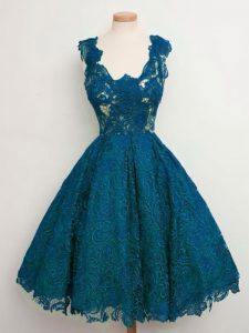 Adorable Sleeveless Lace Knee Length Lace Up Quinceanera Court Dresses in Teal with Lace