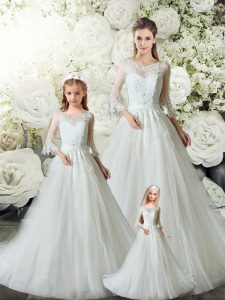 Delicate White Sleeveless Tulle Court Train Zipper Quinceanera Gowns for Wedding Party