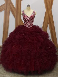 Burgundy Sleeveless Beading and Ruffles Floor Length 15 Quinceanera Dress
