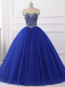 Beading Quince Ball Gowns Royal Blue Lace Up Sleeveless Floor Length
