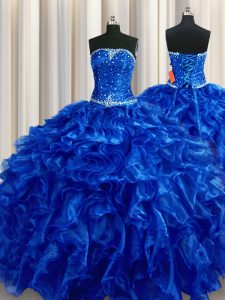 Lovely Royal Blue Ball Gowns Strapless Sleeveless Organza Floor Length Lace Up Beading and Ruffles Sweet 16 Dresses