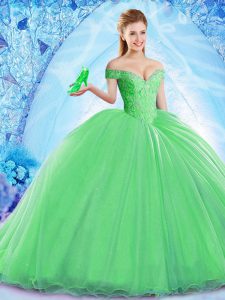 Green Ball Gowns Organza Off The Shoulder Sleeveless Beading Lace Up Quince Ball Gowns Brush Train