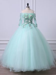 Extravagant Ball Gowns Sweet 16 Dresses Apple Green Off The Shoulder Tulle 3 4 Length Sleeve Floor Length Lace Up
