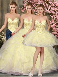 Three Pieces 15th Birthday Dress Light Yellow Sweetheart Tulle Sleeveless Floor Length Lace Up