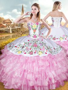 Exceptional Sleeveless Floor Length Embroidery and Ruffled Layers Lace Up 15 Quinceanera Dress with Rose Pink