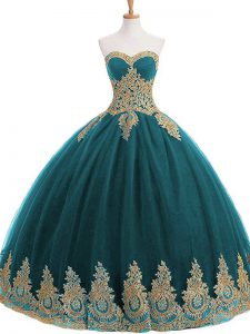 Sweetheart Sleeveless Quinceanera Gowns Floor Length Appliques Teal Tulle