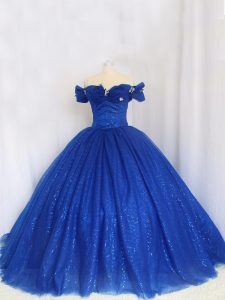 Modest Royal Blue Lace Up Quinceanera Dress Hand Made Flower Cap Sleeves Floor Length