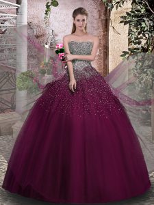 Glittering Purple Lace Up Strapless Beading 15 Quinceanera Dress Tulle Sleeveless