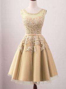 Wonderful Sleeveless Tulle Knee Length Lace Up Quinceanera Court of Honor Dress in Gold with Lace