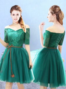 Green Off The Shoulder Lace Up Lace Dama Dress for Quinceanera Half Sleeves
