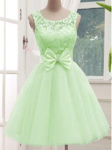 Popular Sleeveless Knee Length Lace and Bowknot Lace Up Dama Dress for Quinceanera with Yellow Green