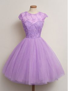 Stunning Lilac Cap Sleeves Lace Knee Length Dama Dress for Quinceanera