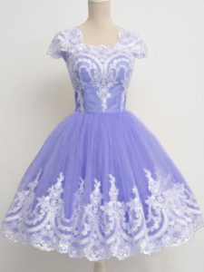 Elegant Lavender Tulle Zipper Quinceanera Court Dresses Cap Sleeves Knee Length Lace