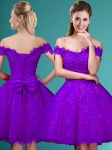 Eggplant Purple Cap Sleeves Lace and Belt Knee Length Court Dresses for Sweet 16