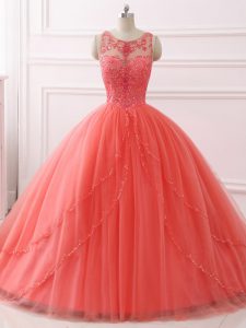 Coral Red Sweet 16 Quinceanera Dress Sweetheart Sleeveless Brush Train Lace Up