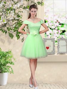 Knee Length Apple Green Dama Dress for Quinceanera V-neck Cap Sleeves Lace Up