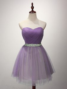 Sweetheart Sleeveless Quinceanera Court of Honor Dress Mini Length Ruching Lavender Tulle