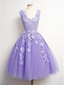 A-line Damas Dress Lavender V-neck Tulle Sleeveless Knee Length Lace Up