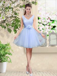 Cute A-line Court Dresses for Sweet 16 Lavender V-neck Tulle Sleeveless Knee Length Lace Up