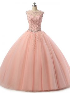 Inexpensive Peach Tulle Lace Up Scoop Sleeveless Floor Length Sweet 16 Dress Beading and Lace