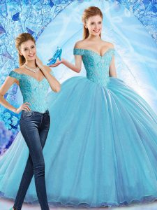 On Sale Baby Blue Quinceanera Gowns Military Ball and Sweet 16 and Quinceanera with Beading Off The Shoulder Sleeveless Sweep Train Lace Up
