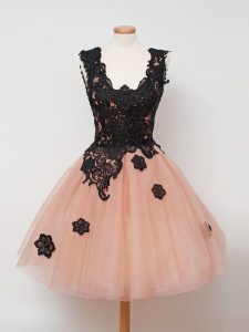 Knee Length Zipper Quinceanera Dama Dress Peach for Prom and Party and Wedding Party with Lace
