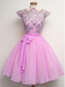 New Style Lilac Chiffon Lace Up Scalloped Cap Sleeves Knee Length Damas Dress Lace and Belt