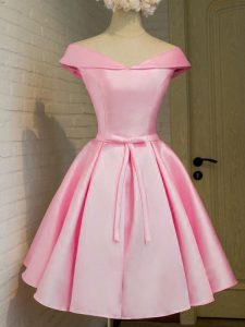Extravagant Pink Lace Up Court Dresses for Sweet 16 Belt Cap Sleeves Knee Length