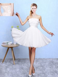 Captivating White A-line Appliques Quinceanera Dama Dress Lace Up Chiffon Sleeveless Knee Length