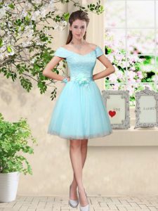 Charming Aqua Blue A-line Lace and Belt Quinceanera Court of Honor Dress Lace Up Tulle Cap Sleeves Knee Length