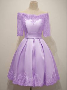 Pretty Short Sleeves Knee Length Lace Lace Up Court Dresses for Sweet 16 with Lavender