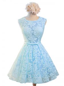 Knee Length Light Blue Quinceanera Court Dresses Scoop Sleeveless Lace Up