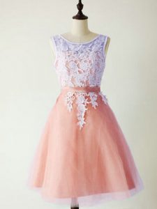 Sumptuous Peach A-line Scoop Sleeveless Tulle Knee Length Lace Up Lace Quinceanera Court Dresses