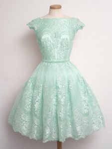 Apple Green Lace Lace Up Scalloped Sleeveless Knee Length Dama Dress for Quinceanera Lace
