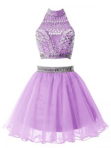 Dazzling Lilac Organza Zipper Dama Dress for Quinceanera Sleeveless Knee Length Beading