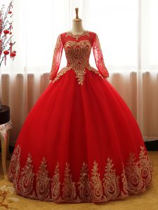 Hot Sale Red Organza Lace Up Sweet 16 Dress Long Sleeves Floor Length Appliques