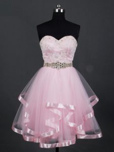 Cheap Baby Pink A-line Sweetheart Sleeveless Tulle Mini Length Zipper Beading and Lace and Ruffles Damas Dress
