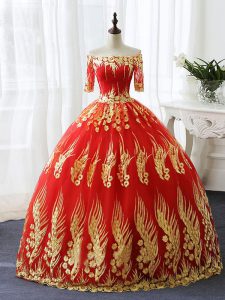 Modern Red Ball Gowns Off The Shoulder Half Sleeves Printed Floor Length Lace Up Appliques Sweet 16 Quinceanera Dress