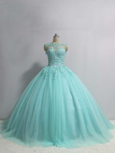 Scoop Sleeveless Tulle 15 Quinceanera Dress Appliques Lace Up